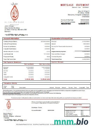 Bahrajn Bank Al Salam wyciąg z kredytu hipotecznego szablon Word i PDF